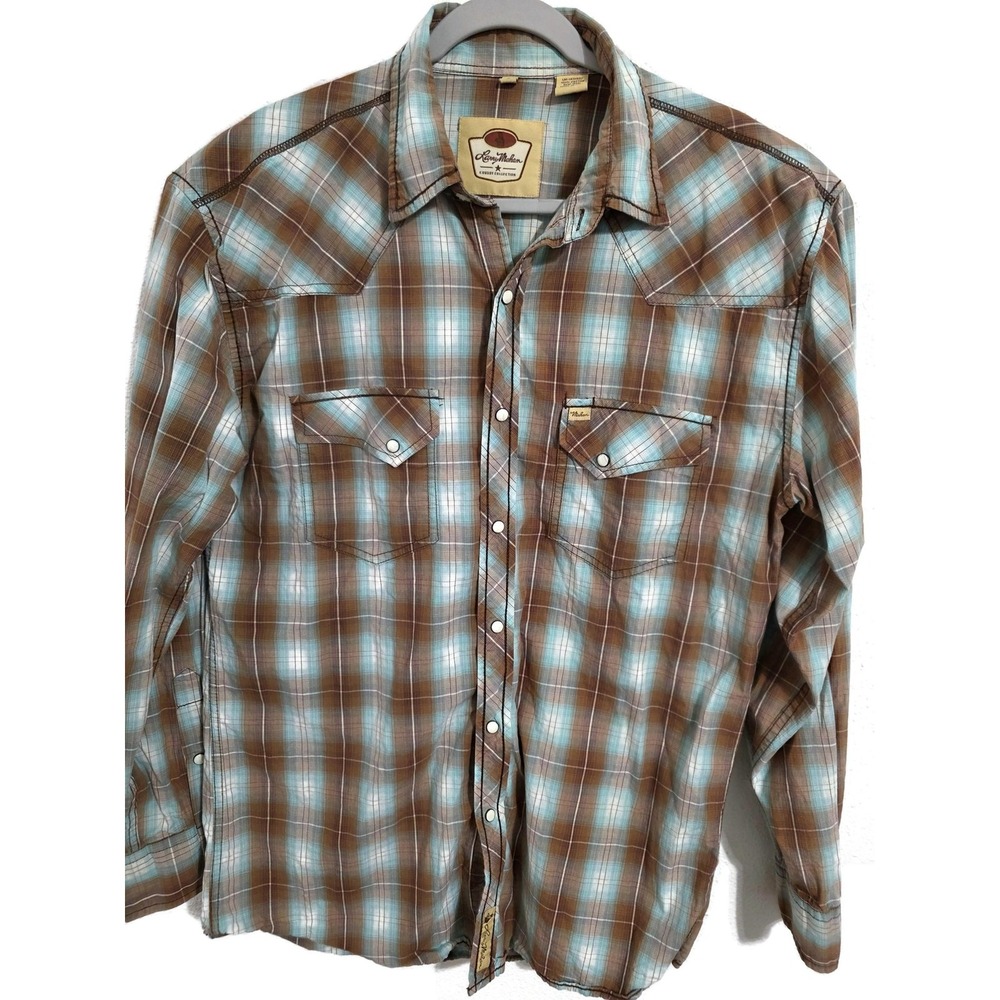 Larry Mahan Shirt Mens Large Brown Plaid Long Sleeve Snap Western Cotton Cowboy